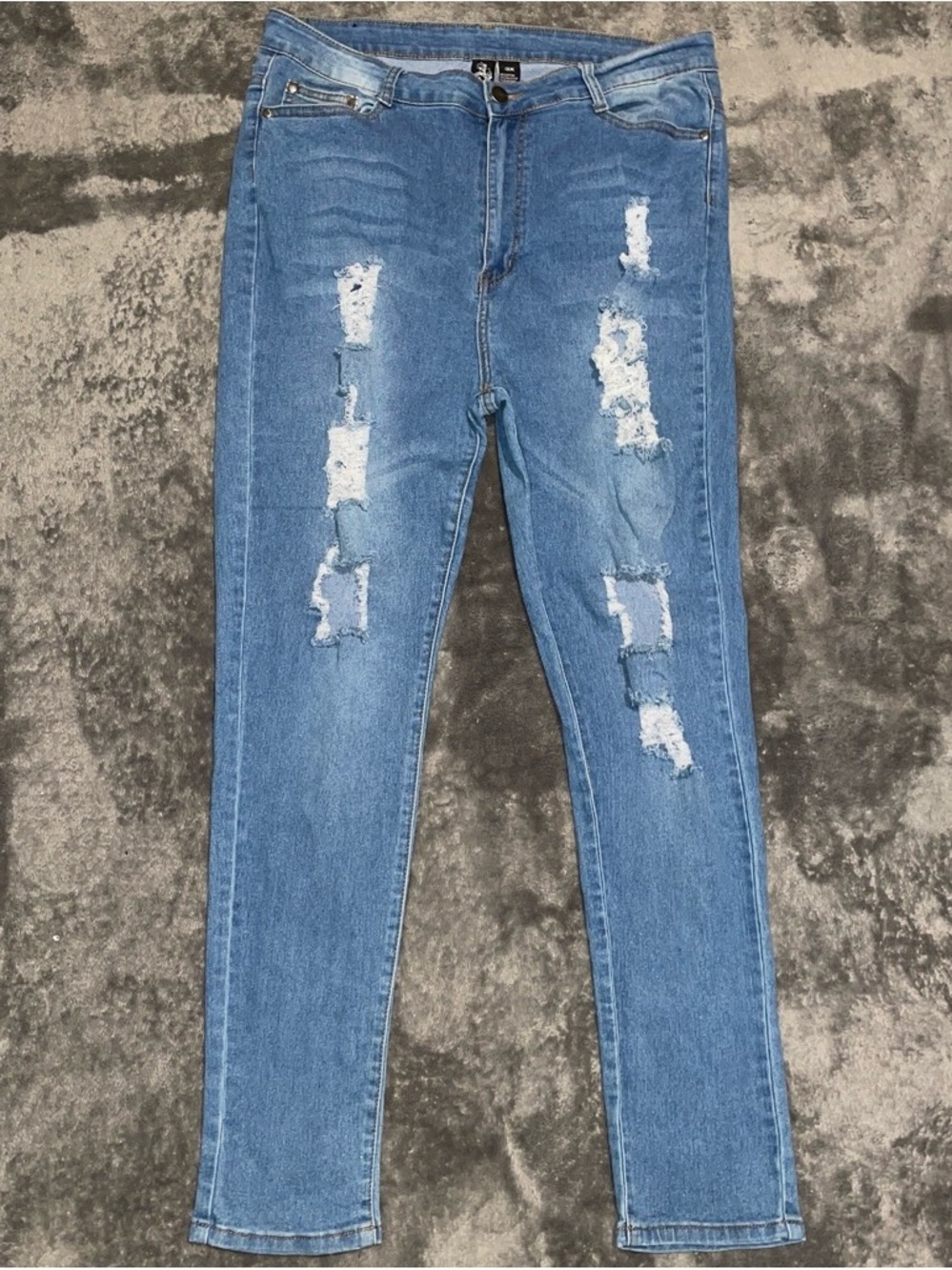 Distressed Light Blue Skinny Jeans - Stretchy Mid-Rise Style